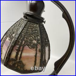 Beautiful Bronze & Slag Glass Antique Handel Desk Lamp Sunset Forest 15.5