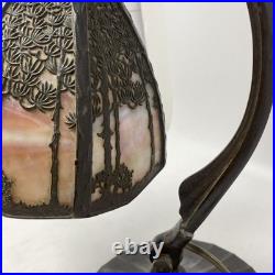 Beautiful Bronze & Slag Glass Antique Handel Desk Lamp Sunset Forest 15.5