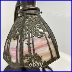 Beautiful Bronze & Slag Glass Antique Handel Desk Lamp Sunset Forest 15.5