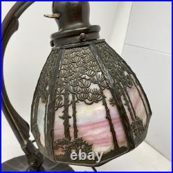 Beautiful Bronze & Slag Glass Antique Handel Desk Lamp Sunset Forest 15.5