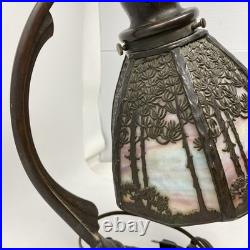 Beautiful Bronze & Slag Glass Antique Handel Desk Lamp Sunset Forest 15.5