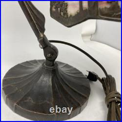 Beautiful Bronze & Slag Glass Antique Handel Desk Lamp Sunset Forest 15.5