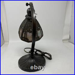 Beautiful Bronze & Slag Glass Antique Handel Desk Lamp Sunset Forest 15.5