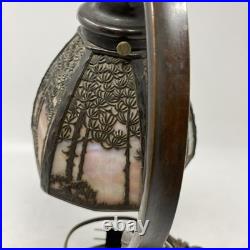 Beautiful Bronze & Slag Glass Antique Handel Desk Lamp Sunset Forest 15.5