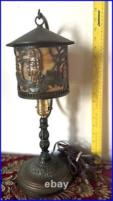 Beautiful Japanese Garden Scene Lantern Style Table Lamp with Curved Slag Glass