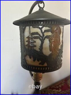 Beautiful Japanese Garden Scene Lantern Style Table Lamp with Curved Slag Glass