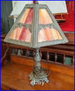 Beautiful Red/Orange Vintage Slag Glass Lamp (Shade) & Pot Metal Lamp Base