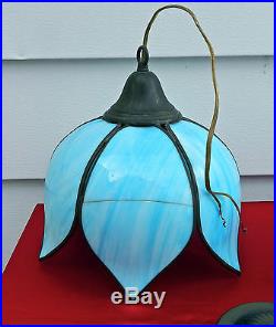 Beautiful Vintage 2-part Hanging Blue & White Leaded Slag Glass Hanging Lamp
