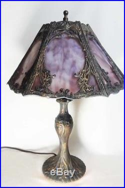 Beautiful Vintage 6 Panel Slag Glass Table Lamp Leaf Filigree Art Nouveau