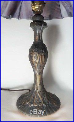 Beautiful Vintage 6 Panel Slag Glass Table Lamp Leaf Filigree Art Nouveau