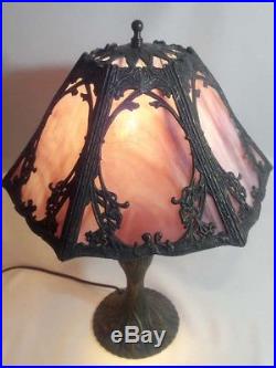 Beautiful Vintage 6 Panel Slag Glass Table Lamp Leaf Filigree Art Nouveau