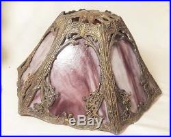 Beautiful Vintage 6 Panel Slag Glass Table Lamp Leaf Filigree Art Nouveau
