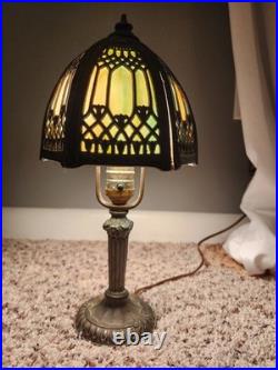 Boudoir Slag 6 Panel Caramel And Blue Glass Table Lamp Boudoir Slag 6 Panel Caramel And Blue Glass Table Lamp