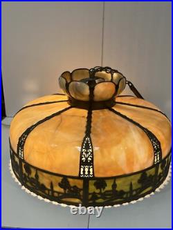 Bradley Hubbard Art Nouveau Yellow Green Slag Glass Bronze Umbrella Ceiling Lamp