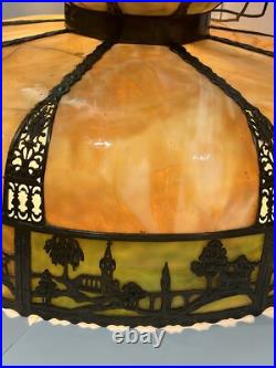 Bradley Hubbard Art Nouveau Yellow Green Slag Glass Bronze Umbrella Ceiling Lamp