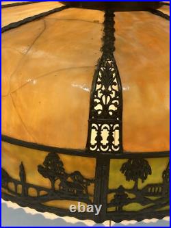 Bradley Hubbard Art Nouveau Yellow Green Slag Glass Bronze Umbrella Ceiling Lamp