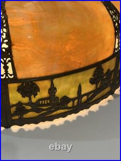 Bradley Hubbard Art Nouveau Yellow Green Slag Glass Bronze Umbrella Ceiling Lamp