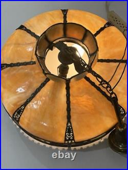 Bradley Hubbard Art Nouveau Yellow Green Slag Glass Bronze Umbrella Ceiling Lamp