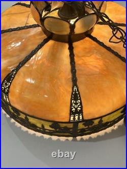 Bradley Hubbard Art Nouveau Yellow Green Slag Glass Bronze Umbrella Ceiling Lamp