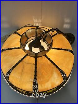 Bradley Hubbard Art Nouveau Yellow Green Slag Glass Bronze Umbrella Ceiling Lamp