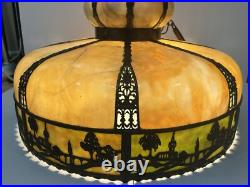 Bradley Hubbard Art Nouveau Yellow Green Slag Glass Bronze Umbrella Ceiling Lamp