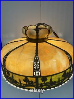 Bradley Hubbard Art Nouveau Yellow Green Slag Glass Bronze Umbrella Ceiling Lamp