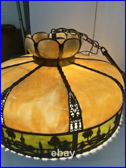 Bradley Hubbard Art Nouveau Yellow Green Slag Glass Bronze Umbrella Ceiling Lamp