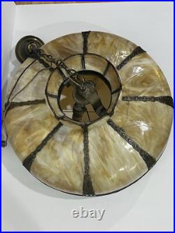 Bradley Hubbard Art Nouveau Yellow Green Slag Glass Bronze Umbrella Ceiling Lamp