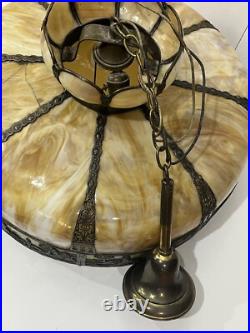 Bradley Hubbard Art Nouveau Yellow Green Slag Glass Bronze Umbrella Ceiling Lamp