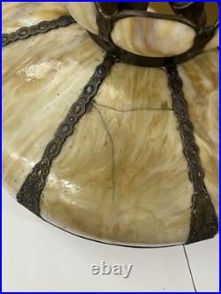 Bradley Hubbard Art Nouveau Yellow Green Slag Glass Bronze Umbrella Ceiling Lamp