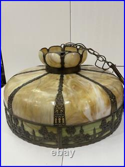 Bradley Hubbard Art Nouveau Yellow Green Slag Glass Bronze Umbrella Ceiling Lamp