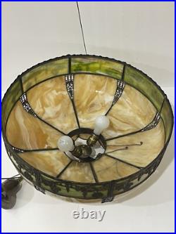 Bradley Hubbard Art Nouveau Yellow Green Slag Glass Bronze Umbrella Ceiling Lamp