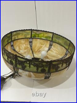 Bradley Hubbard Art Nouveau Yellow Green Slag Glass Bronze Umbrella Ceiling Lamp