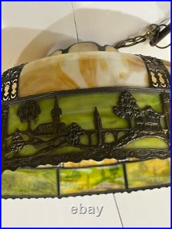 Bradley Hubbard Art Nouveau Yellow Green Slag Glass Bronze Umbrella Ceiling Lamp