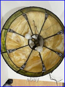 Bradley Hubbard Art Nouveau Yellow Green Slag Glass Bronze Umbrella Ceiling Lamp