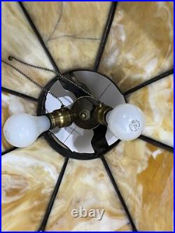 Bradley Hubbard Art Nouveau Yellow Green Slag Glass Bronze Umbrella Ceiling Lamp