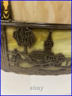 Bradley Hubbard Art Nouveau Yellow Green Slag Glass Bronze Umbrella Ceiling Lamp