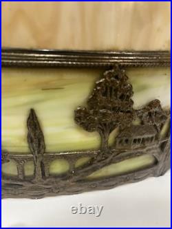 Bradley Hubbard Art Nouveau Yellow Green Slag Glass Bronze Umbrella Ceiling Lamp