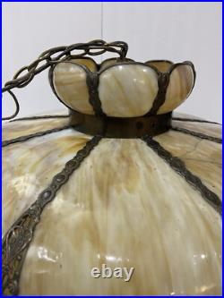 Bradley Hubbard Art Nouveau Yellow Green Slag Glass Bronze Umbrella Ceiling Lamp