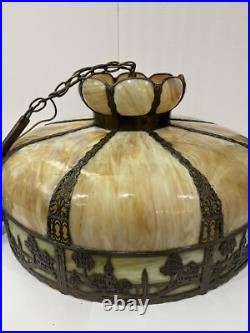 Bradley Hubbard Art Nouveau Yellow Green Slag Glass Bronze Umbrella Ceiling Lamp