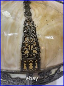 Bradley Hubbard Art Nouveau Yellow Green Slag Glass Bronze Umbrella Ceiling Lamp