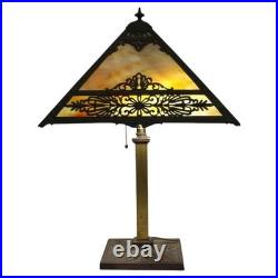 Bradley & Hubbard Arts & Crafts 4-Panel Floral Overlay Slag Glass Lamp c1920