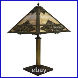 Bradley & Hubbard Arts & Crafts 4-Panel Floral Overlay Slag Glass Lamp c1920