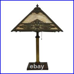 Bradley & Hubbard Arts & Crafts 4-Panel Floral Overlay Slag Glass Lamp c1920