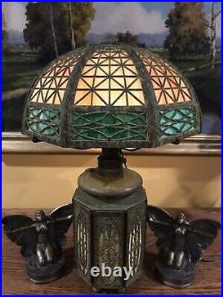 Bradley Hubbard Arts Crafts Slag Glass Leaded Antique Vintage Lamp Handel Era