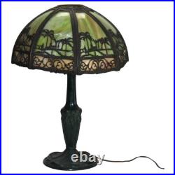 Bradley & Hubbard Arts & Crafts Two-Tone Slag Glass Table Lamp with Church Scene