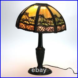 Bradley & Hubbard Arts & Crafts Two-Tone Slag Glass Table Lamp with Church Scene