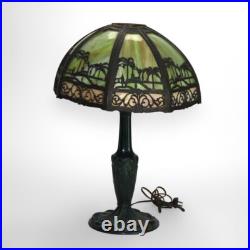 Bradley & Hubbard Arts & Crafts Two-Tone Slag Glass Table Lamp with Church Scene