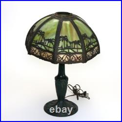 Bradley & Hubbard Arts & Crafts Two-Tone Slag Glass Table Lamp with Church Scene