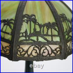 Bradley & Hubbard Arts & Crafts Two-Tone Slag Glass Table Lamp with Church Scene